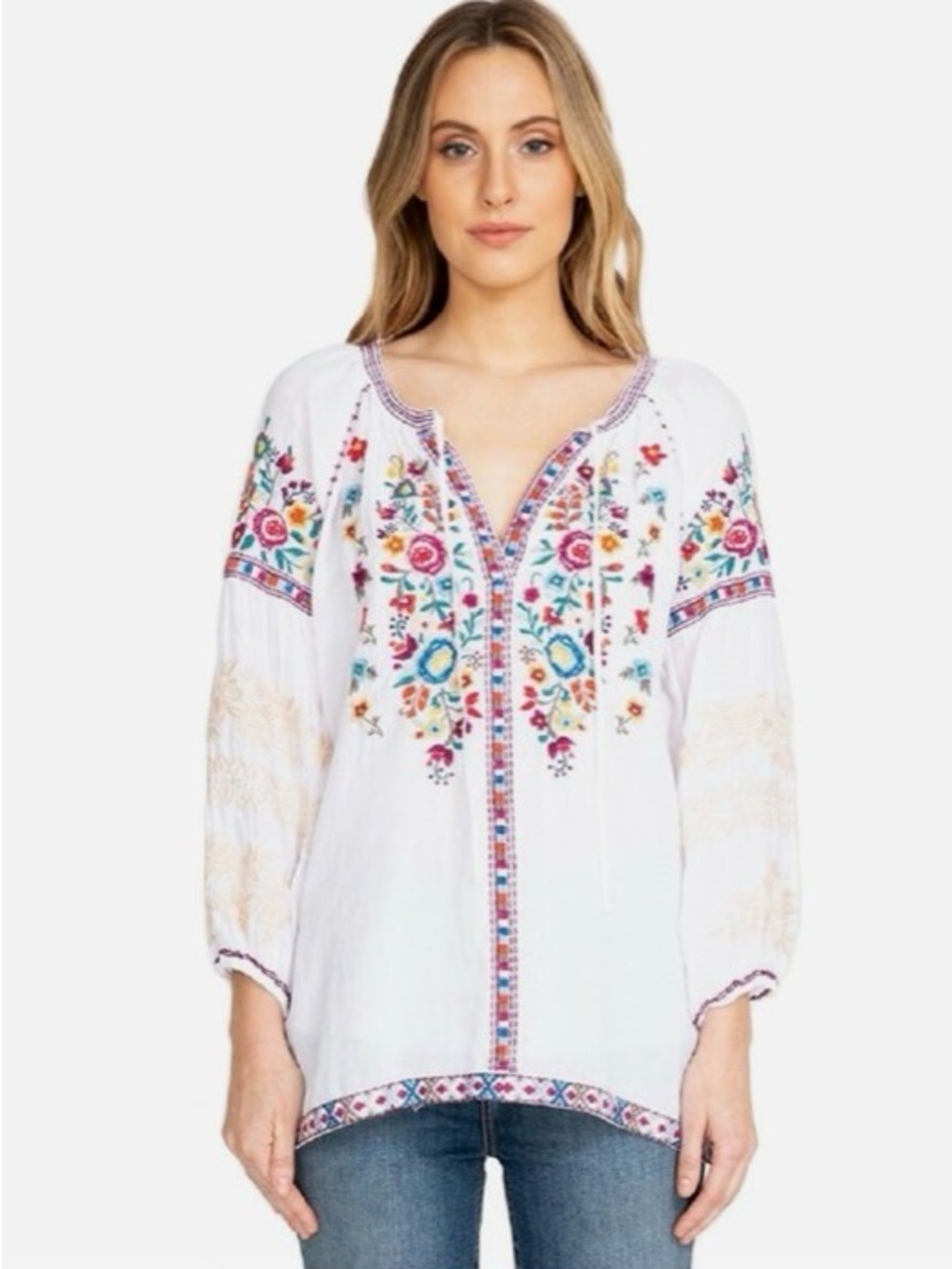 NWOT Johnny Was white Allegra peasant blouse colorful floral embroidery size L